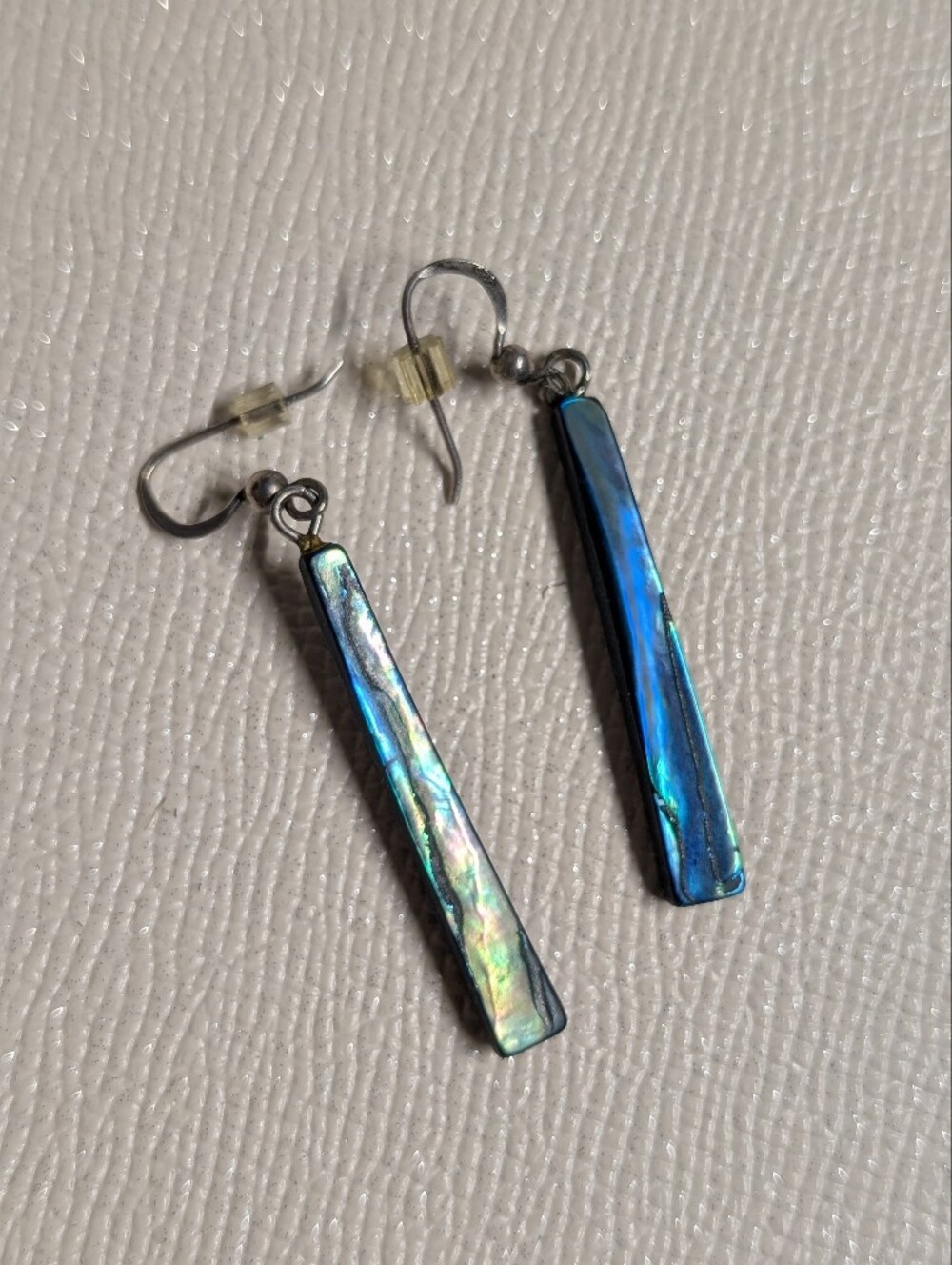 Abalone Bar Drop Earrings - Iridescent Blue Green Silver 924 Vintage